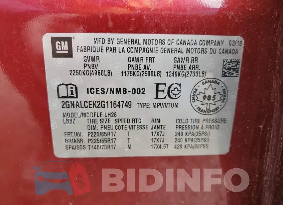 2GNALCEK2G1164749 Photo# 13