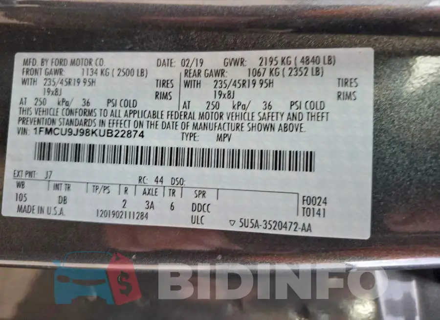 1FMCU9J98KUB22874 Photo# 13