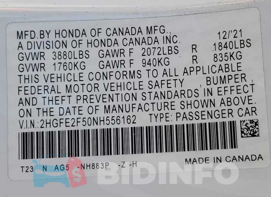 2HGFE2F50NH556162 Photo# 13