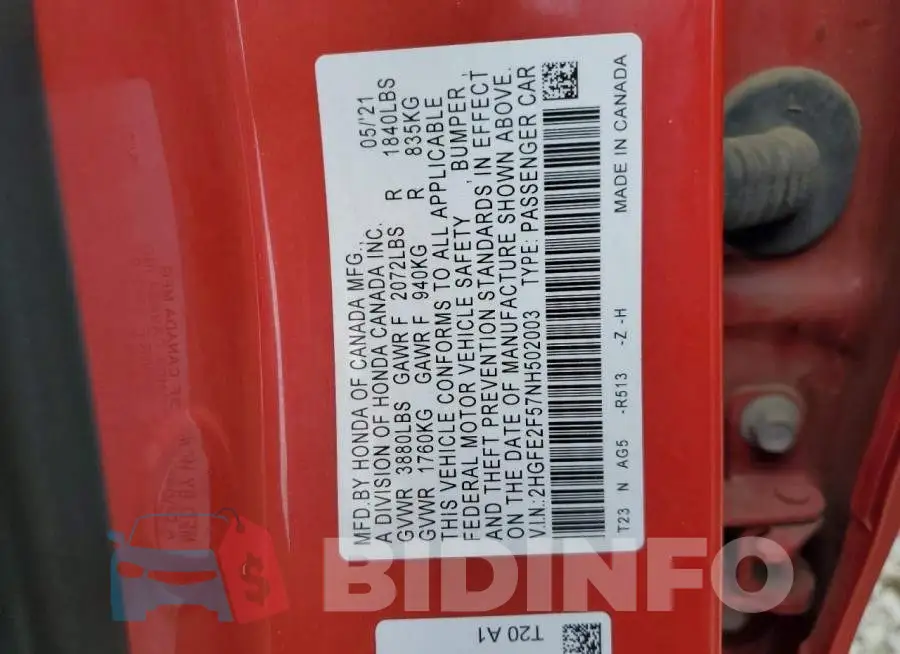 2HGFE2F57NH502003 Photo# 12