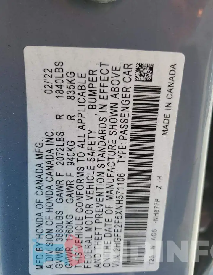 2HGFE2F5XNH571106 Photo# 12