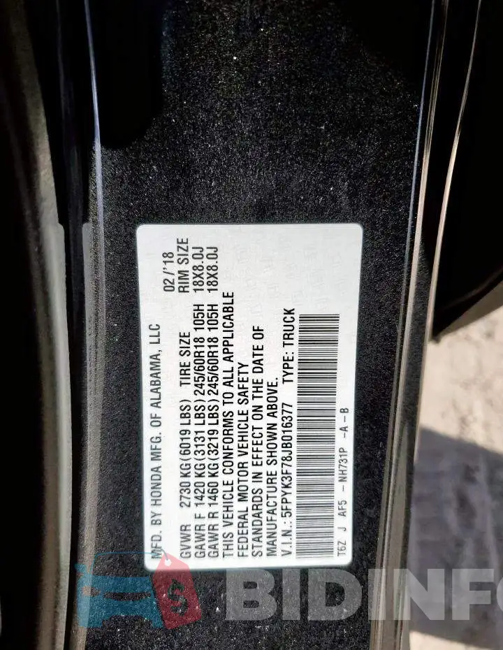 5FPYK3F78JB016377 Photo# 13
