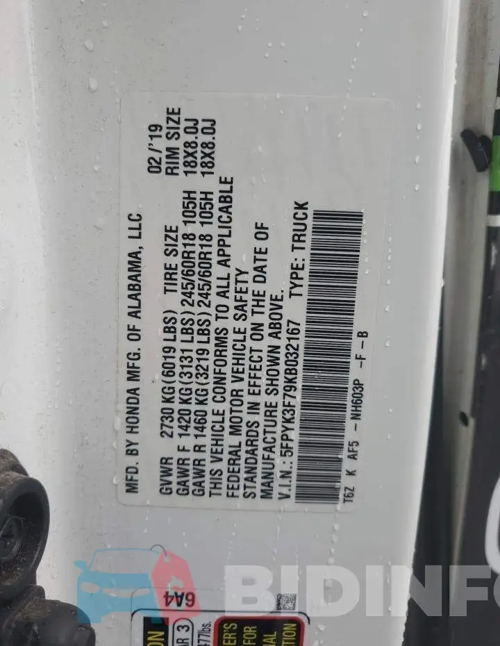 5FPYK3F79KB032167 Photo# 12