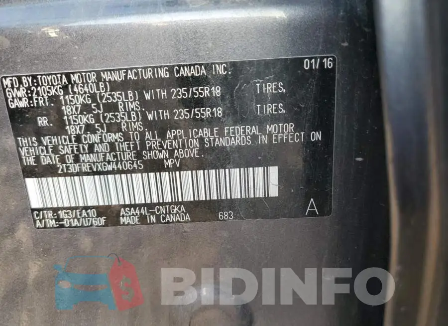2T3DFREVXGW440645 Photo# 12
