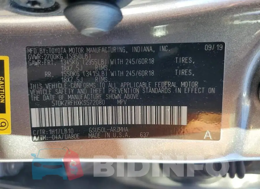 5TDKZRFHXKS572080 Photo# 13