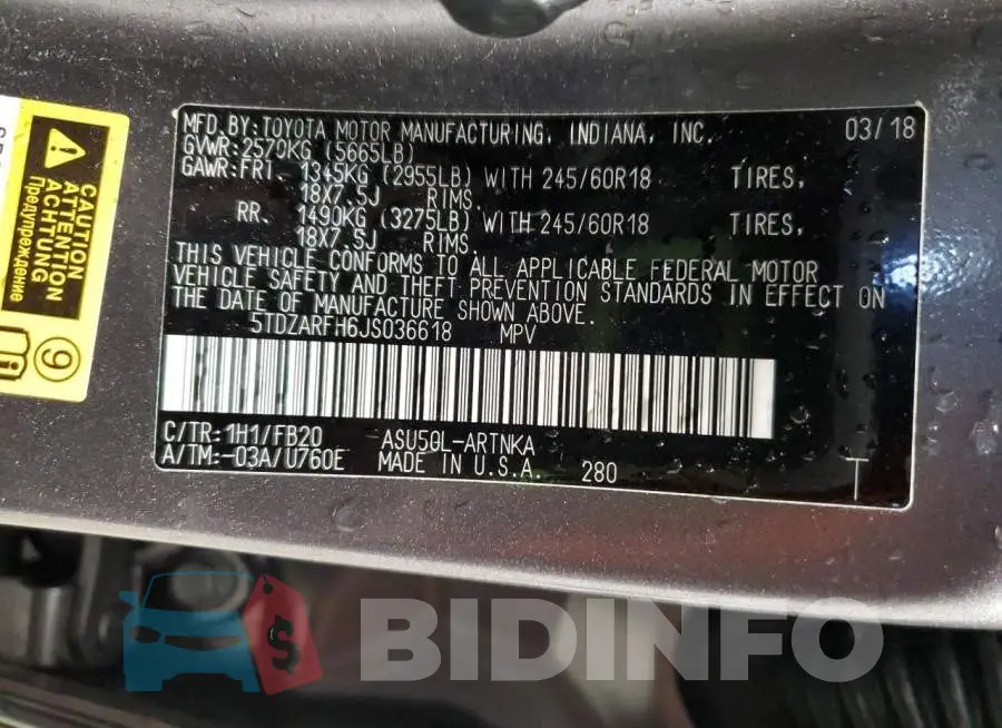 5TDZARFH6JS036618 Photo# 13