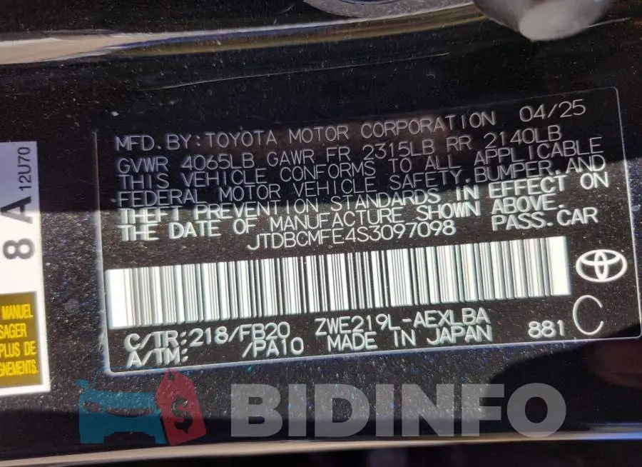 JTDBCMFE4S3097098 Photo# 13