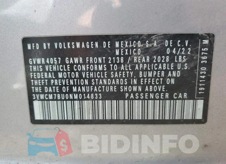 3VWCM7BU0NM014833 Photo# 12