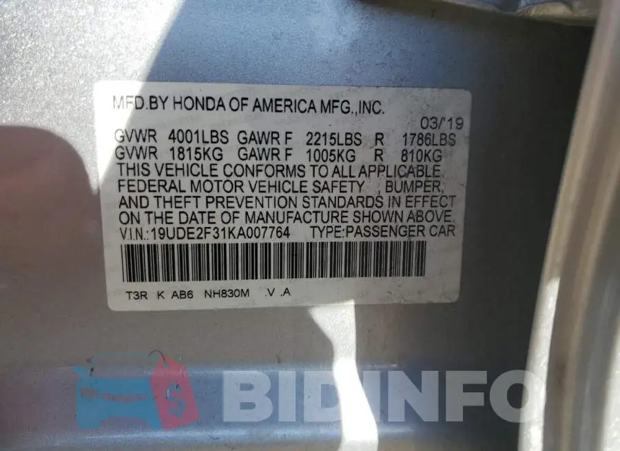 19UDE2F31KA007764 Photo# 12