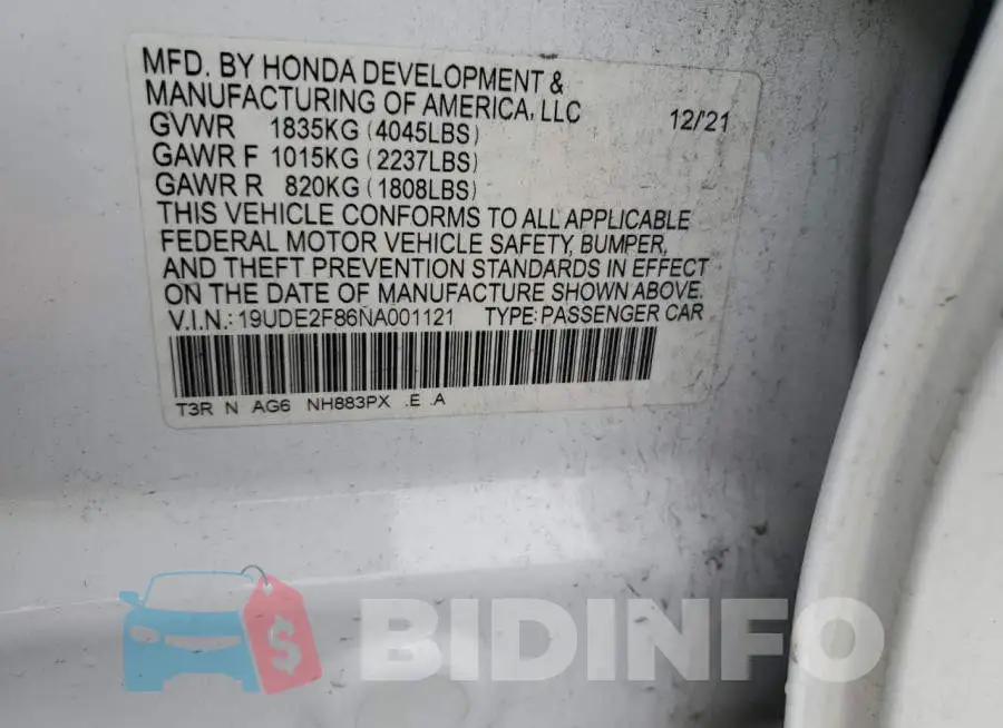 19UDE2F86NA001121 Photo# 12