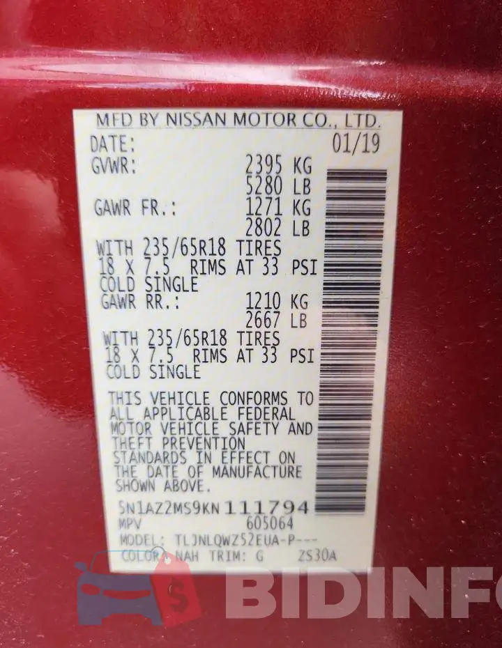 5N1AZ2MS9KN111794 Photo# 13