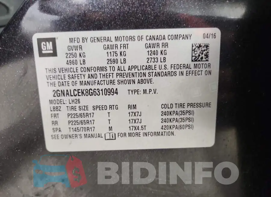 2GNALCEK8G6310994 Photo# 13