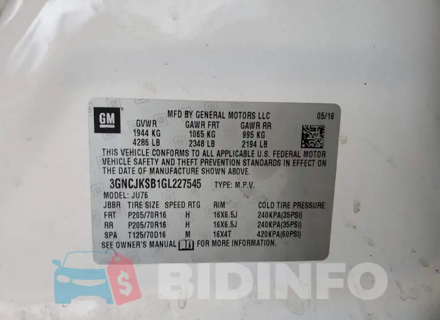 3GNCJKSB1GL227545 Photo# 13