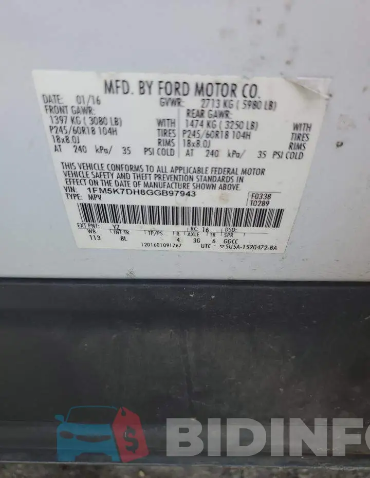 1FM5K7DH8GGB97943 Photo# 13