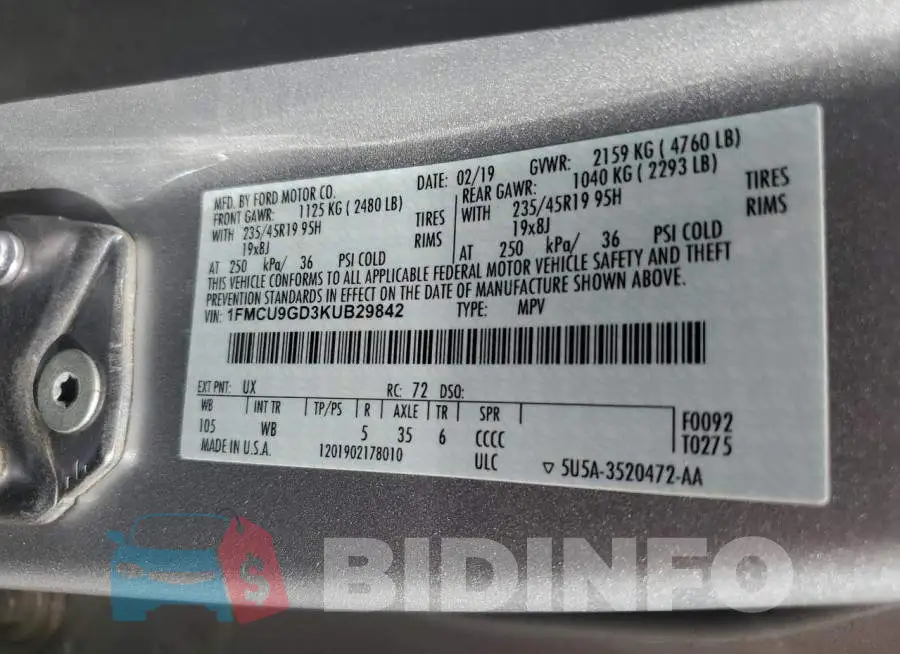 1FMCU9GD3KUB29842 Photo# 12