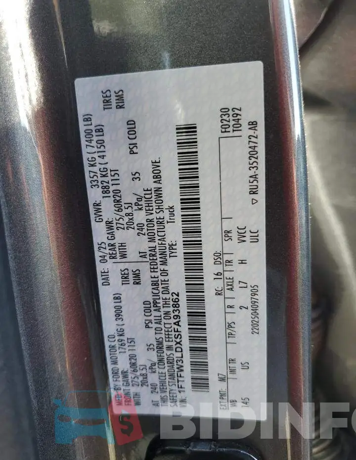 1FTFW3LDXSFA93862 Photo# 12