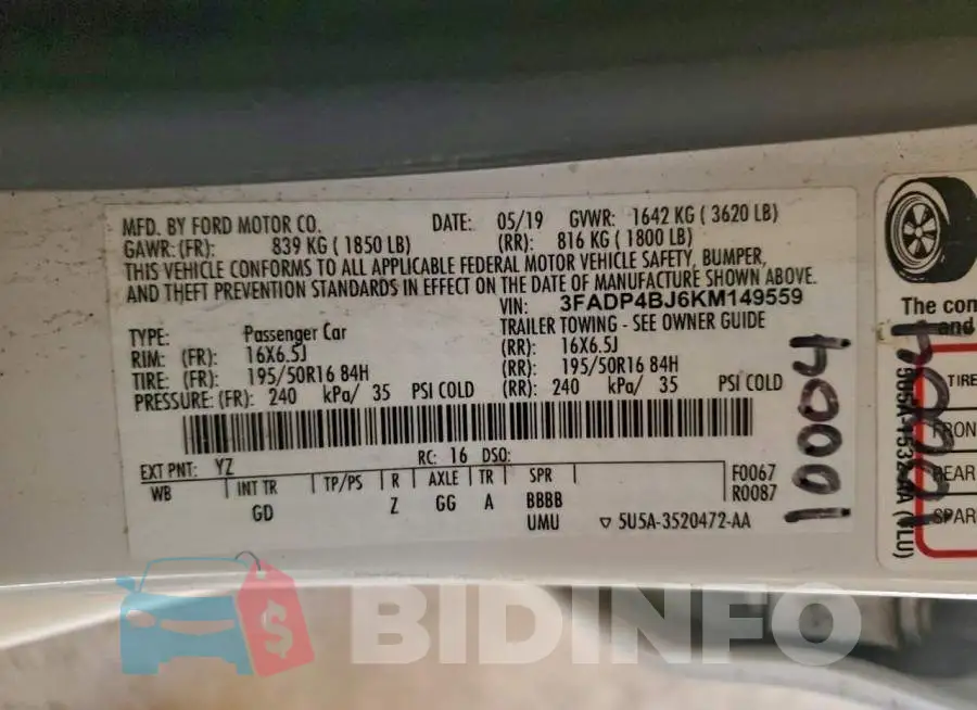 3FADP4BJ6KM149559 Photo# 12