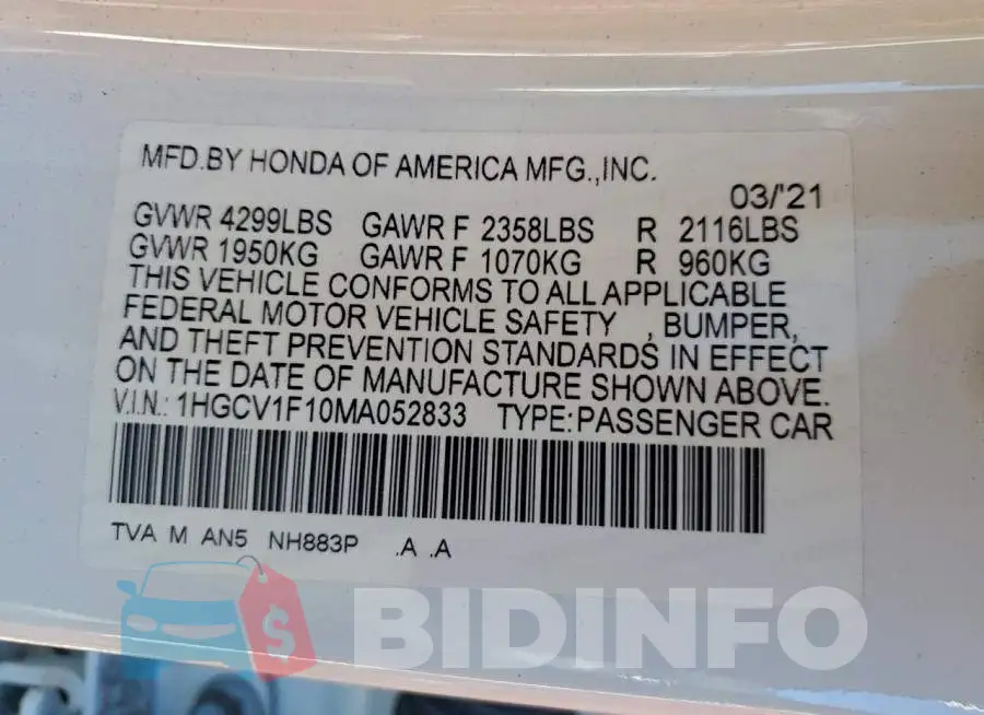 1HGCV1F10MA052833 Photo# 13