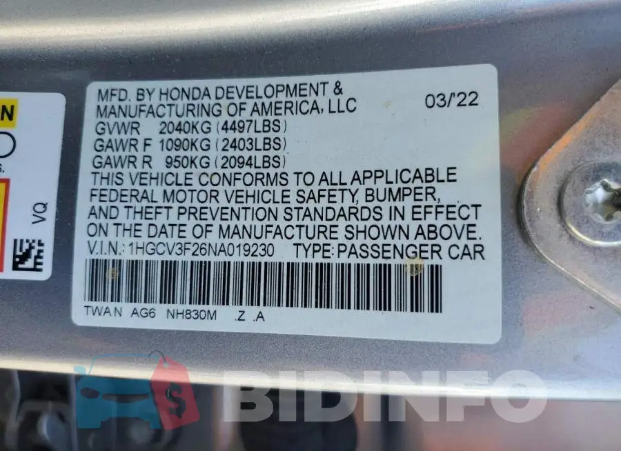 1HGCV3F26NA019230 Photo# 12