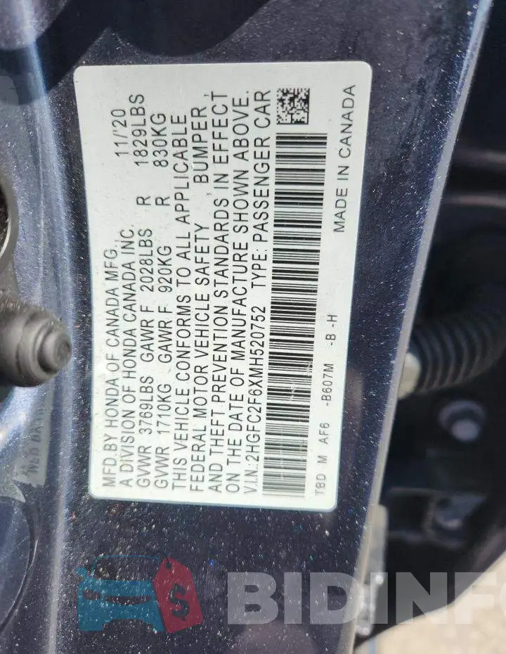 2HGFC2F6XMH520752 Photo# 12