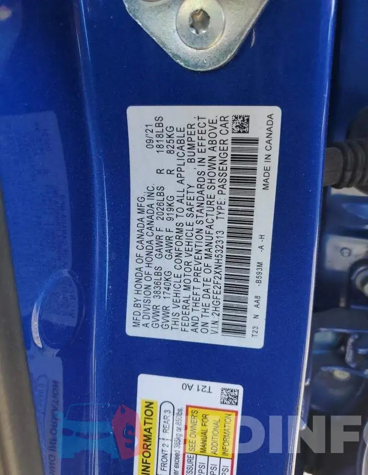 2HGFE2F2XNH532313 Photo# 13