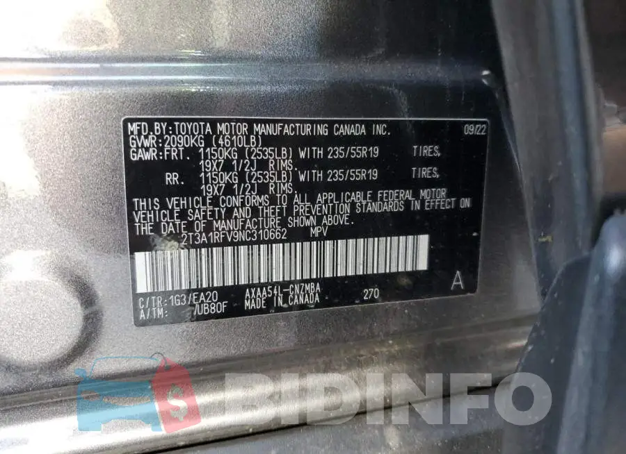 2T3A1RFV9NC310662 Photo# 14
