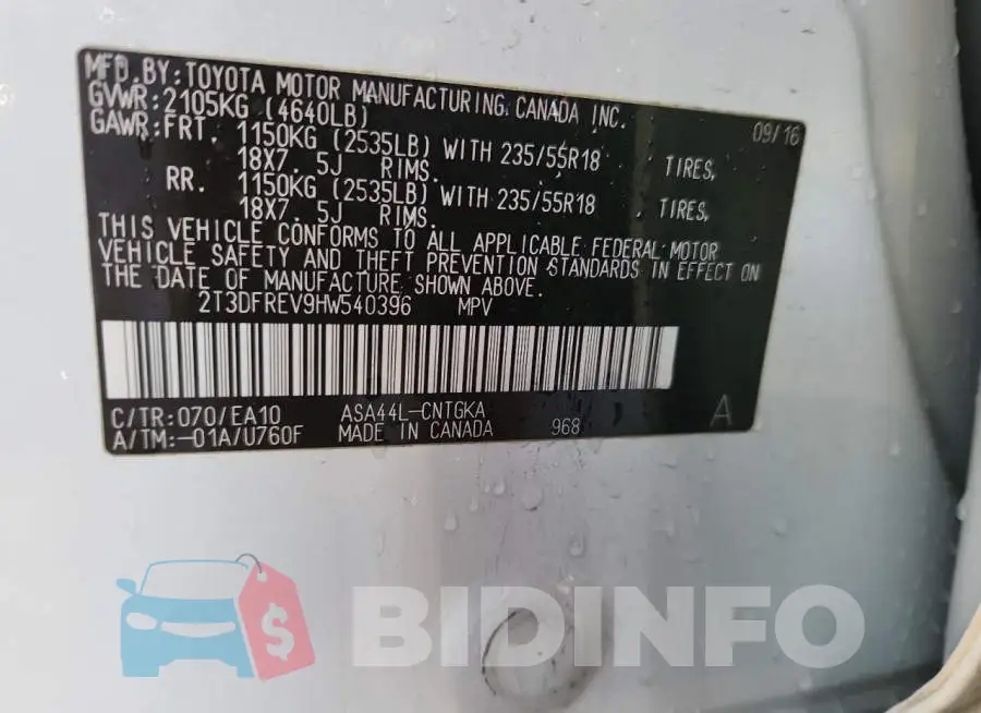 2T3DFREV9HW540396 Photo# 14