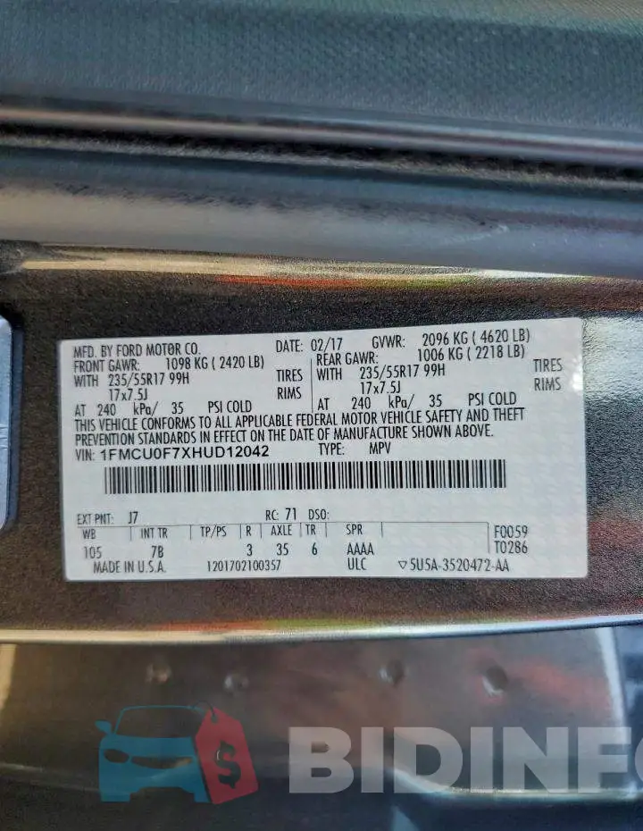 1FMCU0F7XHUD12042 Photo# 14