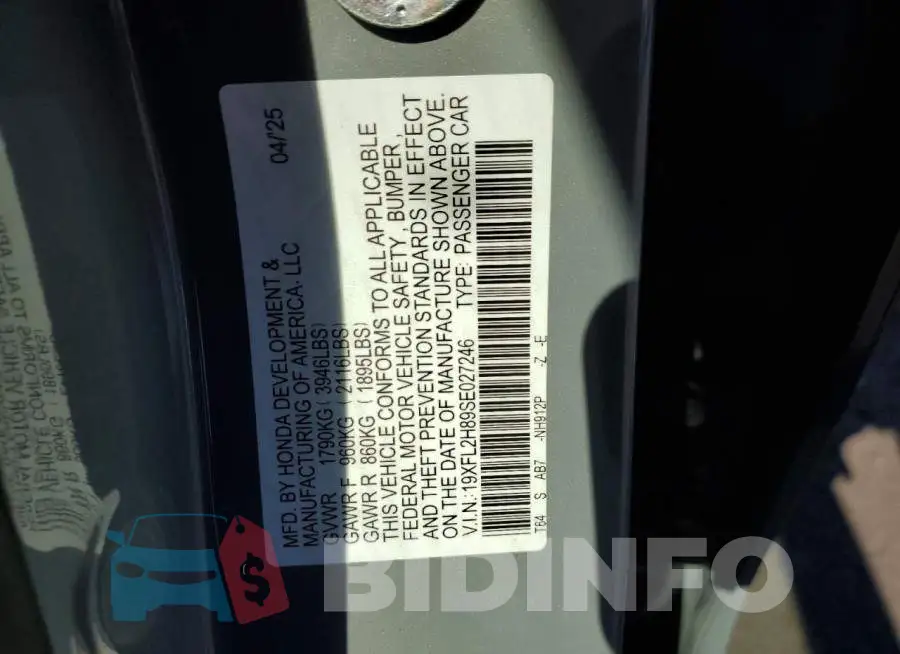 19XFL2H89SE027246 Photo# 12
