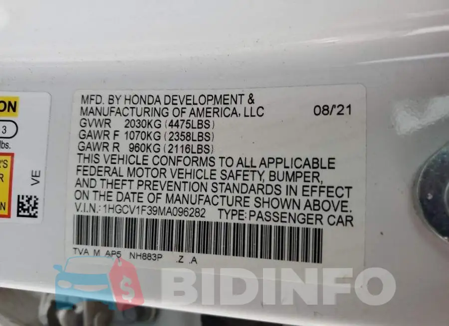 1HGCV1F39MA096282 Photo# 12