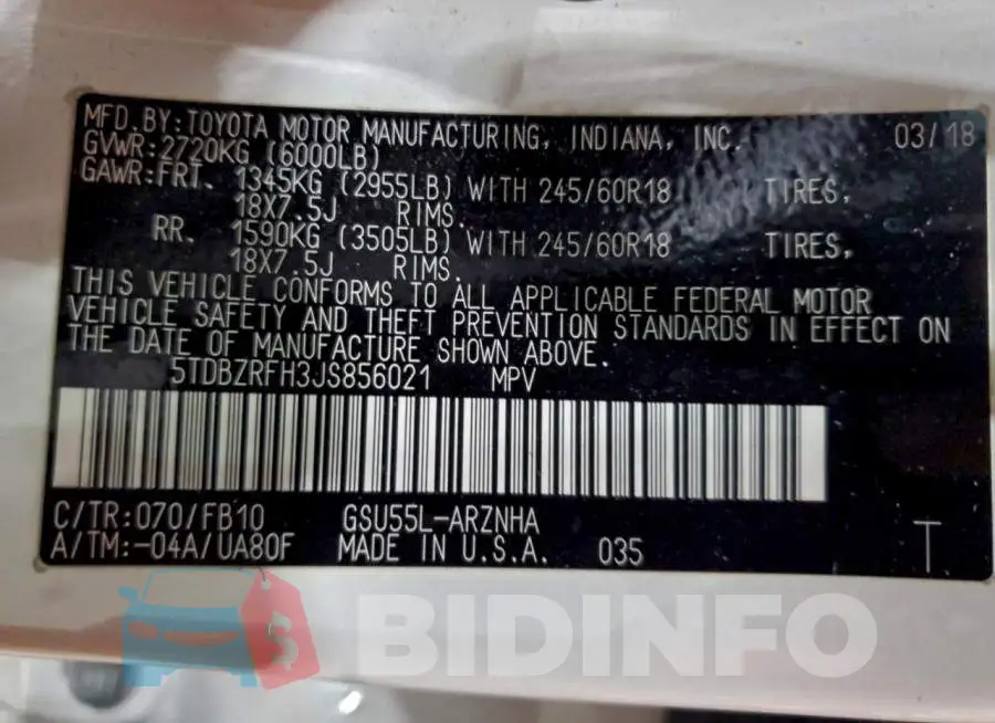 5TDBZRFH3JS856021 Photo# 13