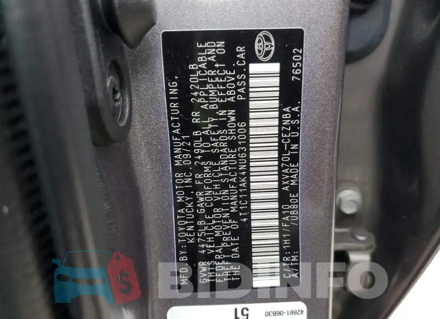 4T1C11AK4NU631006 Photo# 12
