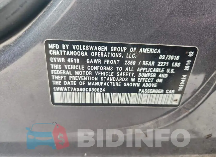 1VWAT7A34GC039824 Photo# 13