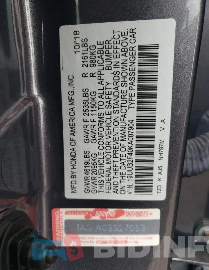 19UUB2F40KA007904 Photo# 12