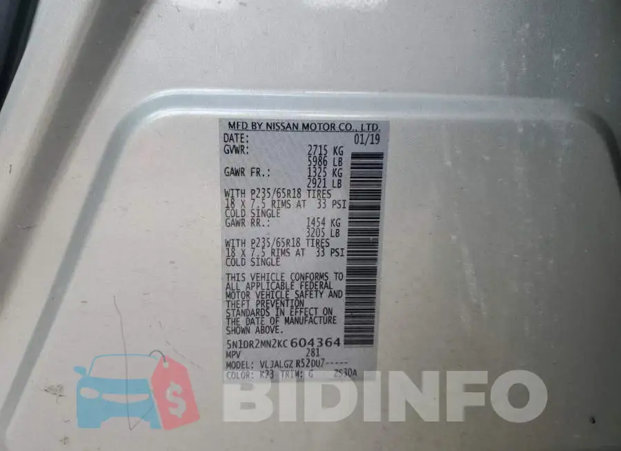 5N1DR2MN2KC604364 Photo# 12
