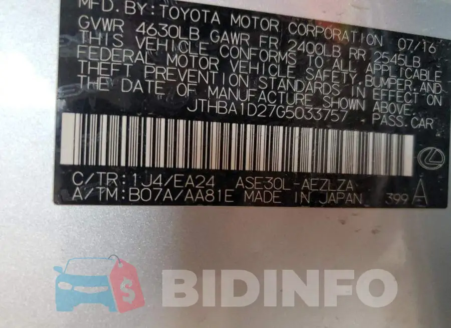 JTHBA1D27G5033757 Photo# 12