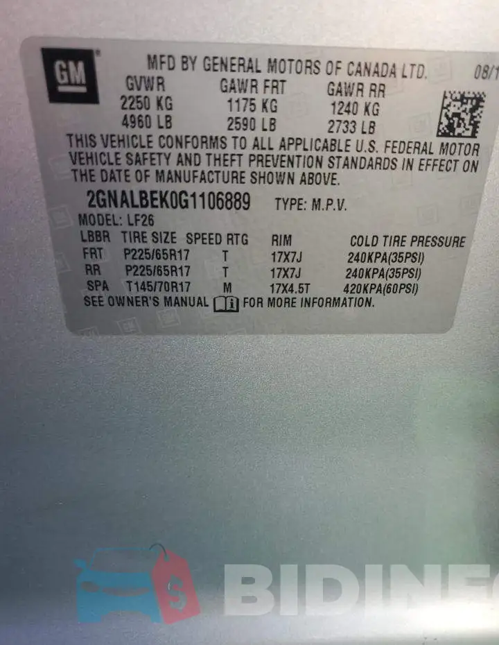 2GNALBEK0G1106889 Photo# 13