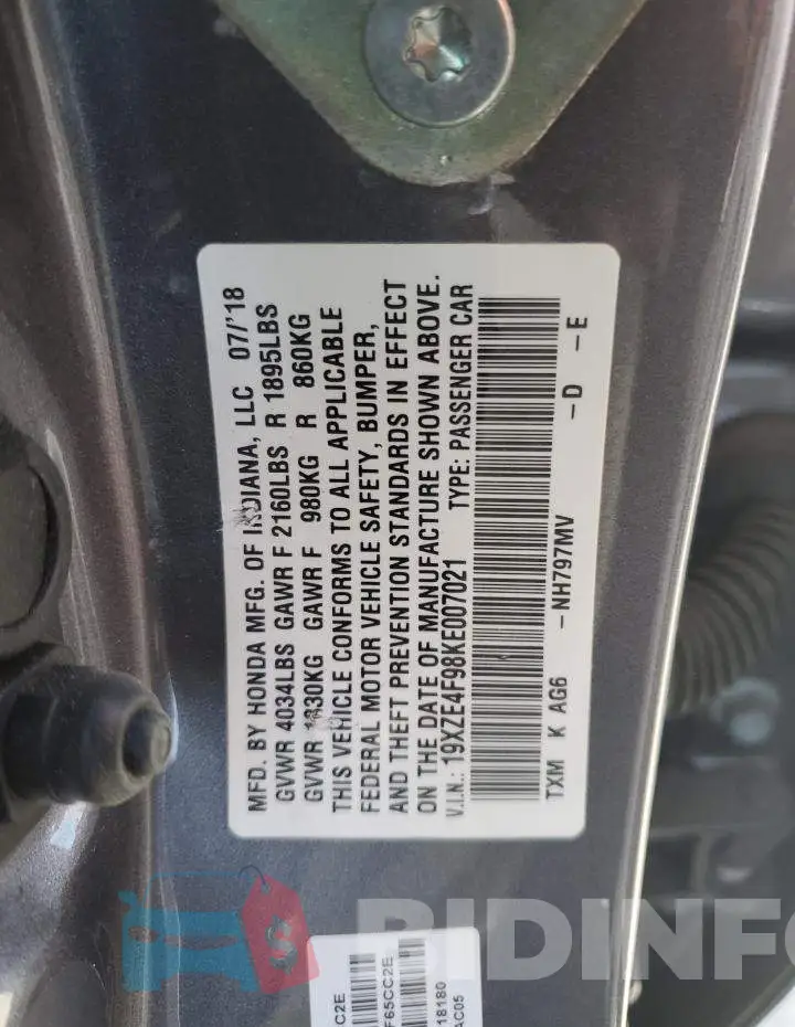 19XZE4F98KE007021 Photo# 12