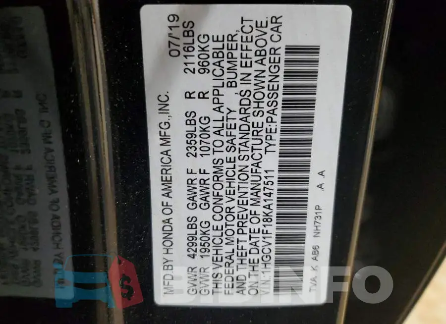 1HGCV1F18KA147511 Photo# 12