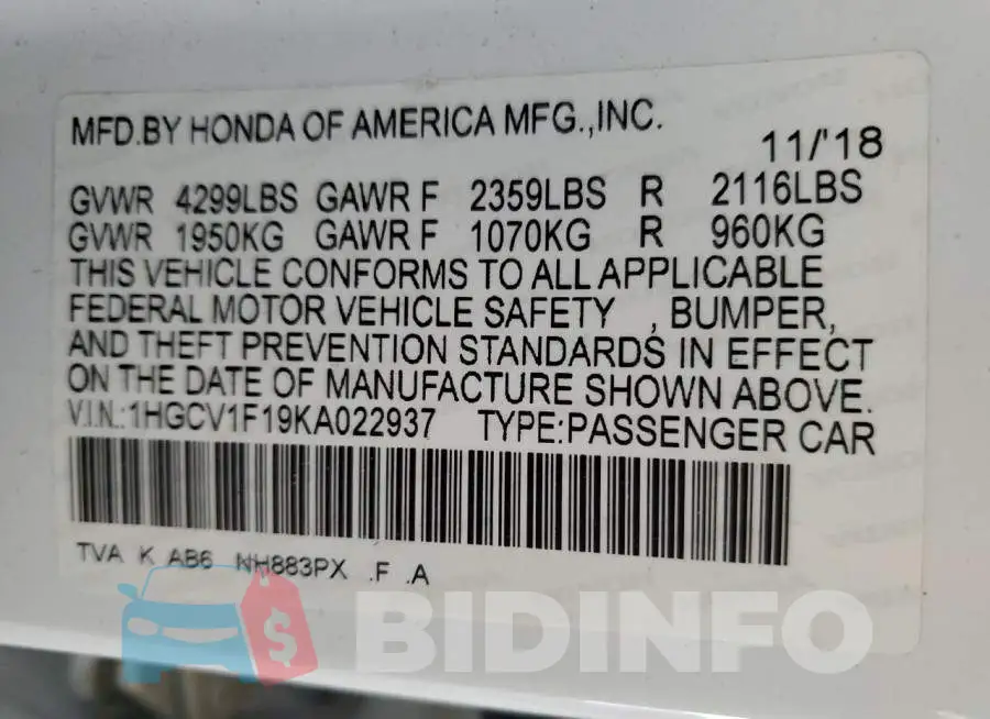 1HGCV1F19KA022937 Photo# 12
