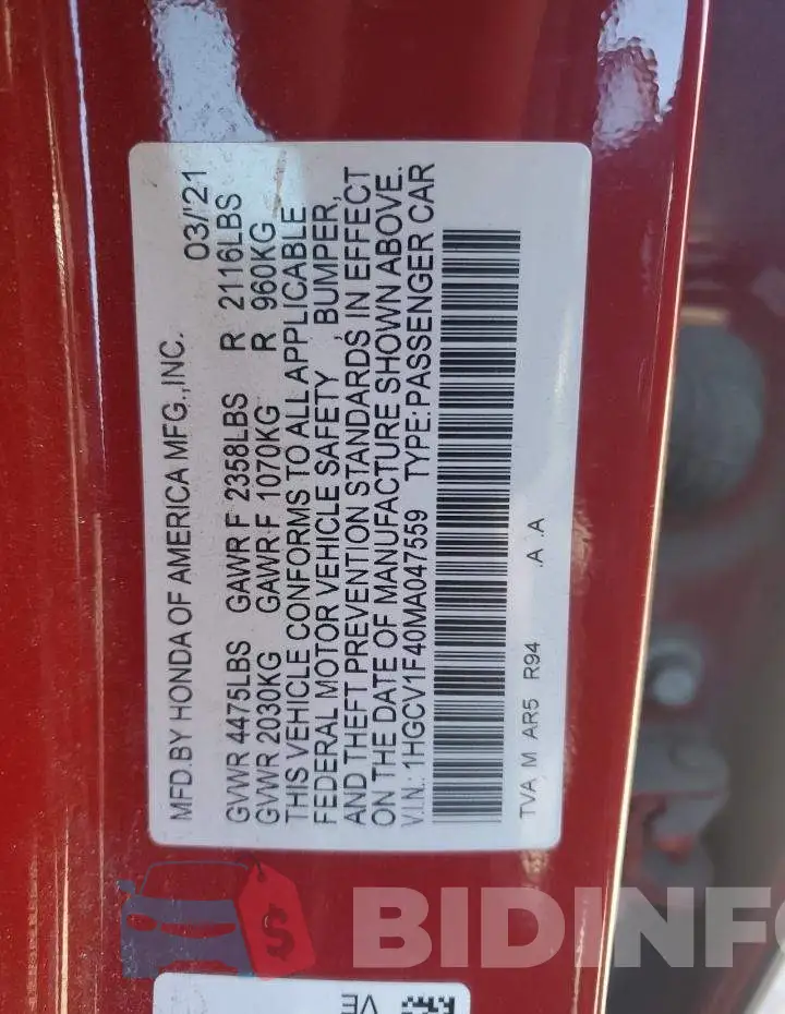 1HGCV1F40MA047559 Photo# 13