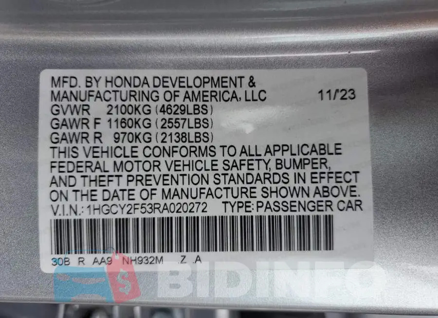 1HGCY2F53RA020272 Photo# 13