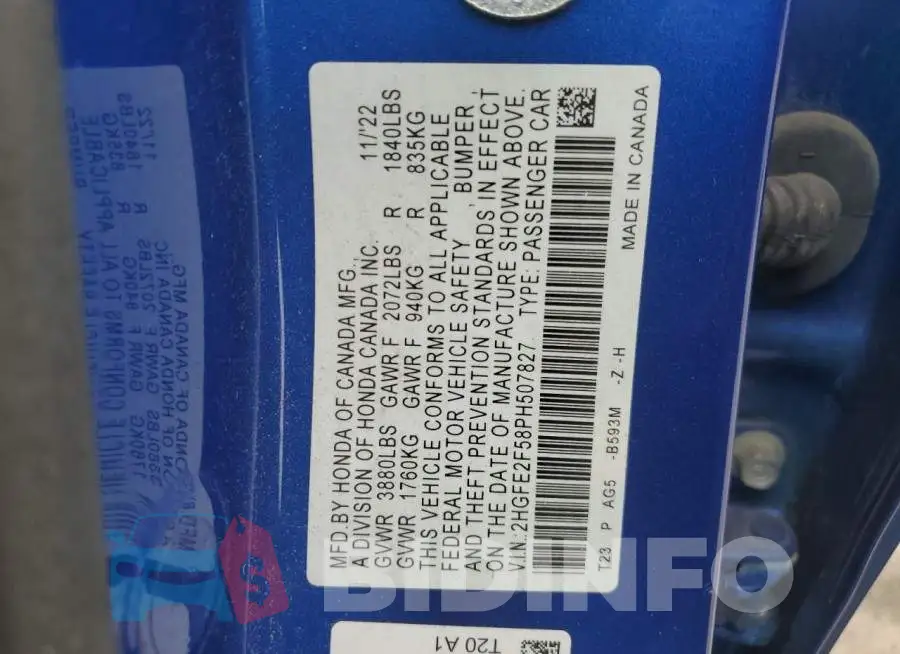 2HGFE2F58PH507827 Photo# 12