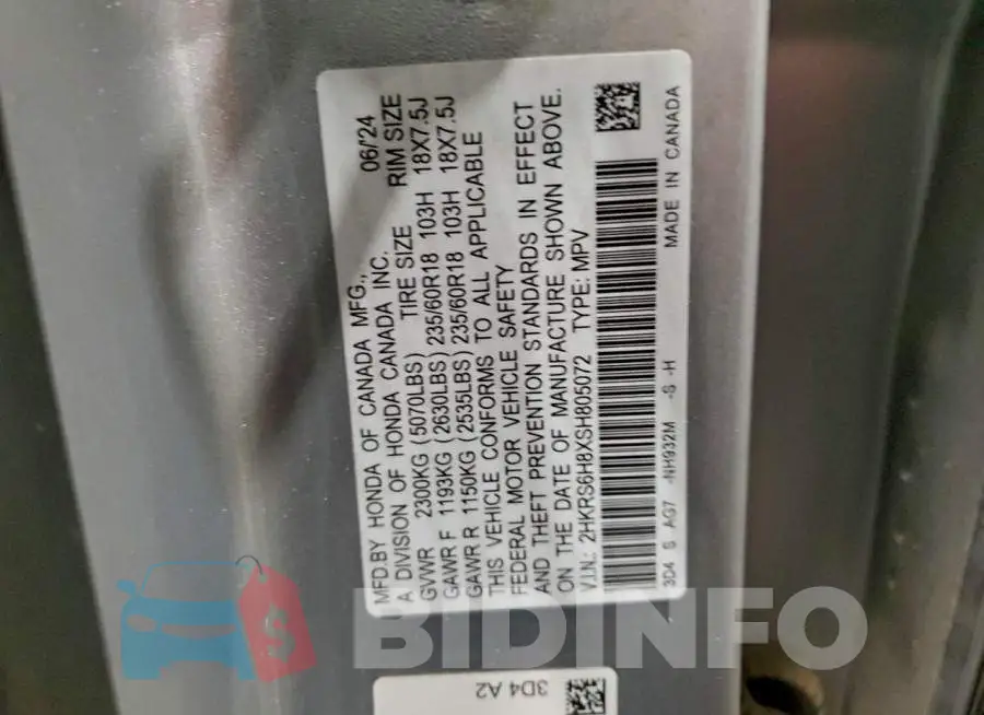 2HKRS6H8XSH805072 Photo# 13