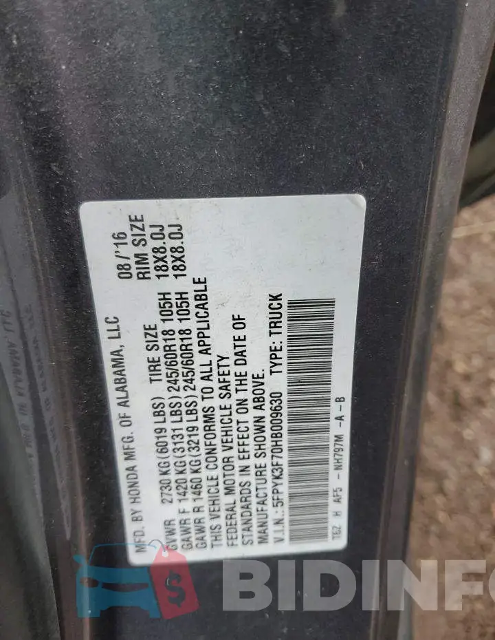 5FPYK3F70HB009630 Photo# 12
