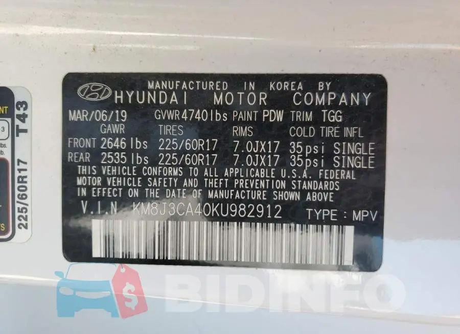 KM8J3CA40KU982912 Photo# 14