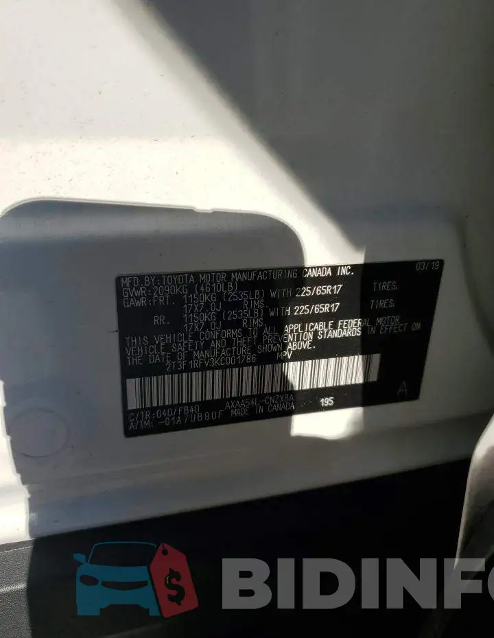 2T3F1RFV3KC001786 Photo# 14