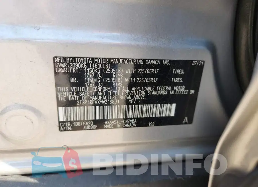 2T3P1RFVXMW216801 Photo# 12