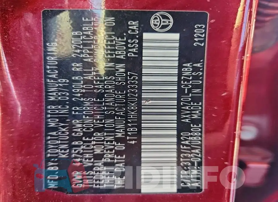 4T1B11HK8KU233357 Photo# 12