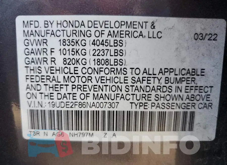 19UDE2F86NA007307 Photo# 13
